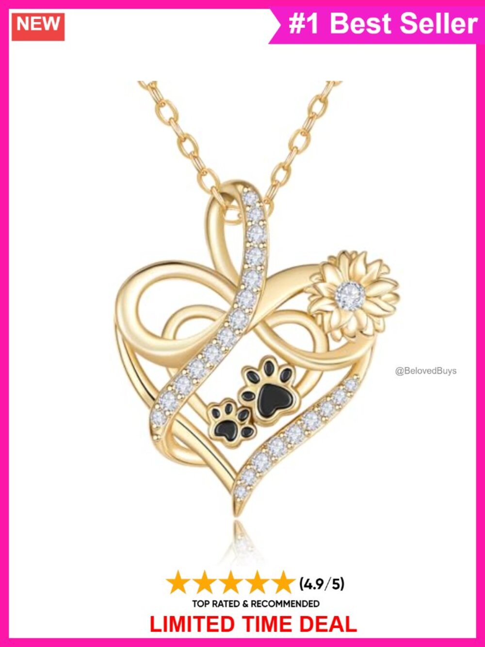 Heart Paw Print Pendant Necklace Cubic Zirconia 20 Inch Gift for Pet Lover